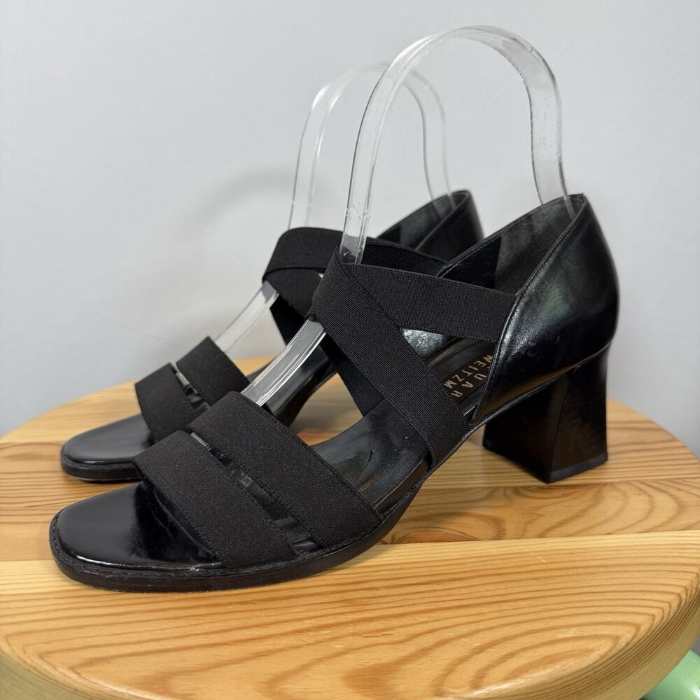 Stuart Weitzman Vintage Satin Block Heel Strappy Elastic Pumps Black Wms Sz 6.5